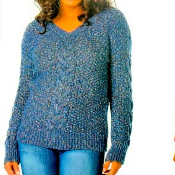 Adrienne Vittadini Sweaters - Cable Knit Tunic Sweater Blue Confetti Flecked V Neck Cozy XXL